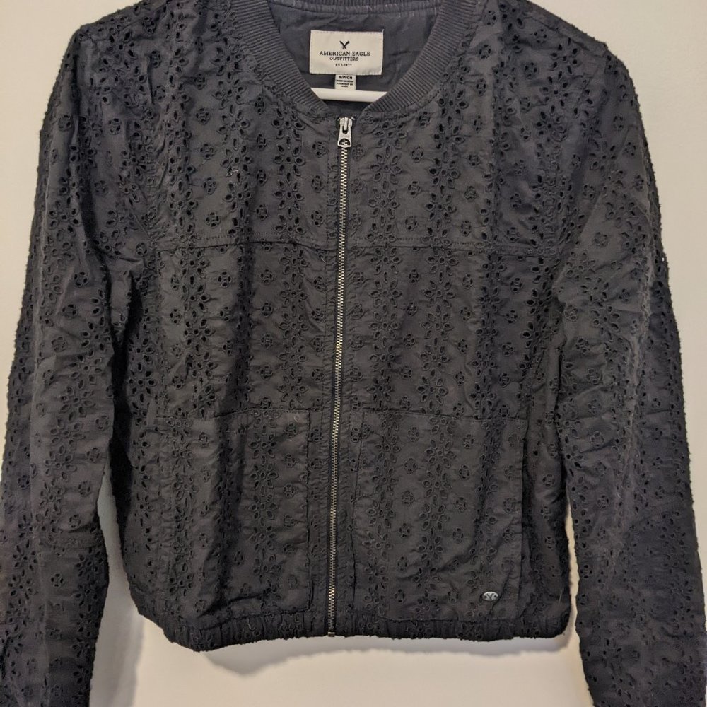 Black eyelet bomber jacket